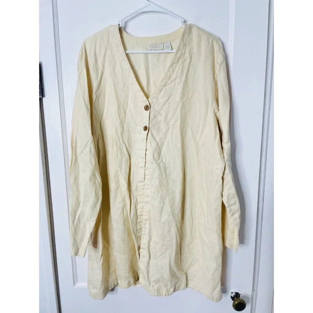 Vtg J Jill Linen Cardigan Sz L Button Woven Butter Yellow Boho Lagenlook Resort